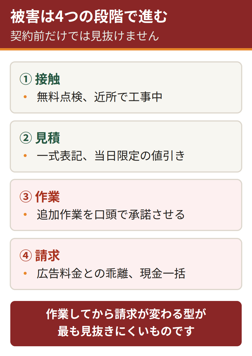 悪徳な害獣駆除業者の被害が起きる4つの段階。接触、見積、作業、請求。契約前だけでは見抜けず、作業してから請求が変わる型が多い