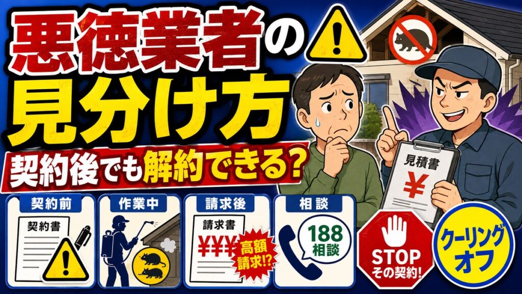 悪徳な害獣駆除業者の見分け方｜契約後でも解約できる条件｜高額請求を提示する業者と困惑する依頼者のイラスト