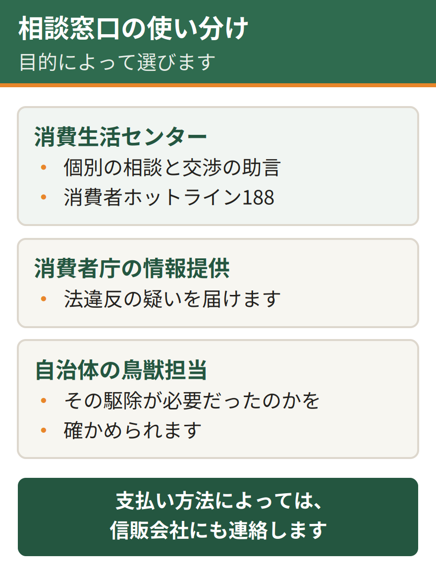 害獣駆除のトラブル相談窓口の使い分け。消費生活センターは個別の相談と交渉の助言を受けられる。消費者庁の情報提供は法違反の疑いを届ける窓口。自治体の鳥獣担当はその駆除が必要だったのかを確かめられる