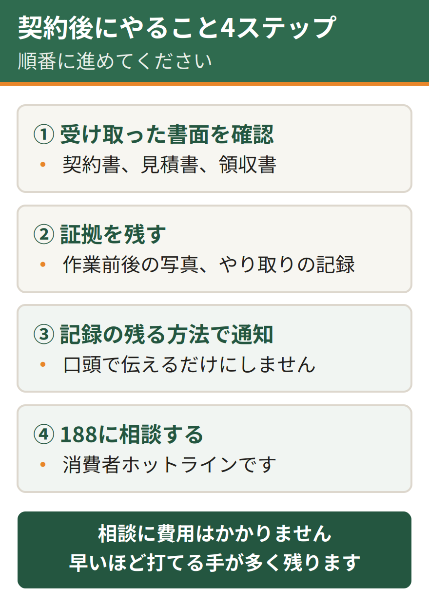 害獣駆除の契約後にやること4ステップ。受け取った書面を確認する、証拠を残す、通知は記録の残る方法で行う、消費者ホットライン188に相談する