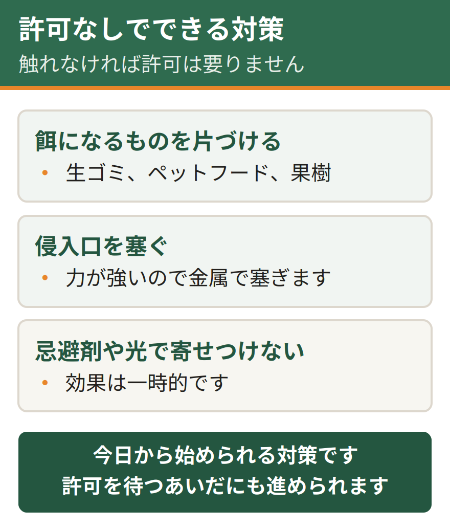 許可がなくてもできるアライグマ対策。餌になるものを片づける、侵入口を塞ぐ、忌避剤や光で寄せつけない。触れずに追い払う対処なら許可は要らない