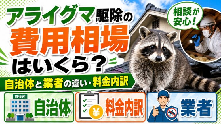 アライグマ駆除の費用相場｜自治体と業者の違い・料金内訳｜屋根裏を調査する作業員とアライグマ、自治体・料金内訳・業者のアイコン