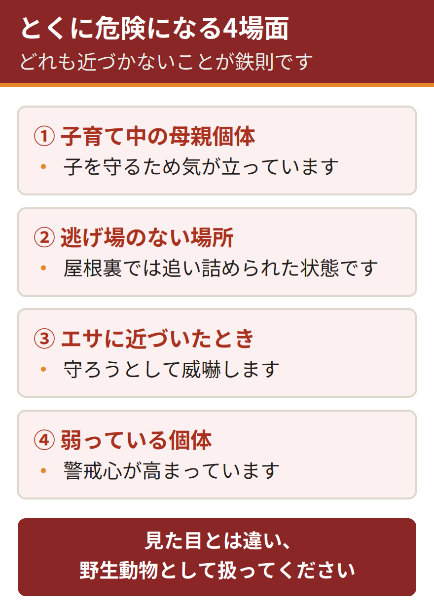アライグマがとくに危険になる4つの場面。子育て中の母親個体は子を守るため気が立っている、屋根裏など逃げ場のない場所での遭遇は追い詰められた状態になる、エサに近づくと守ろうとして威嚇する、弱っている個体は警戒心が高まっている。いずれも近づかないことが鉄則