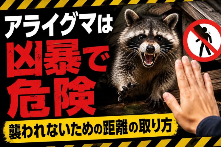 アライグマは凶暴で危険｜襲われないための距離の取り方｜歯をむいて威嚇するアライグマと、近づかないよう手で制止するイメージ
