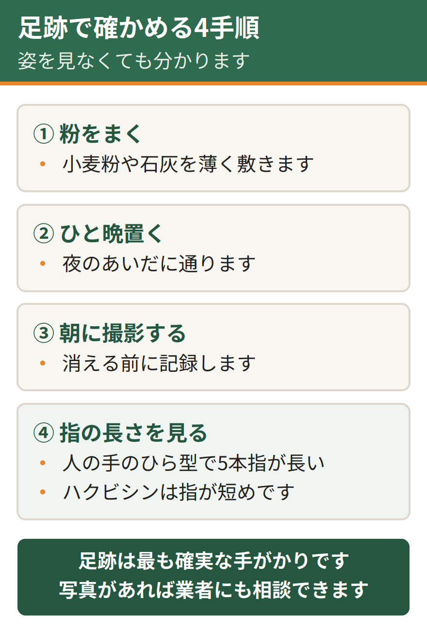 アライグマかどうかを足跡で確かめる手順。疑わしい場所に粉をまく、ひと晩そのまま置く、朝に足跡を撮影する、指の長さを見て判断する。姿を見なくても朝の10分で確かめられる