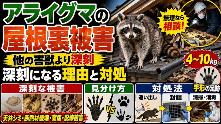 アライグマの屋根裏被害｜他の害獣より深刻になる理由と対処｜屋根の上のアライグマと天井のシミ・断熱材破壊・手形の足跡のイメージ