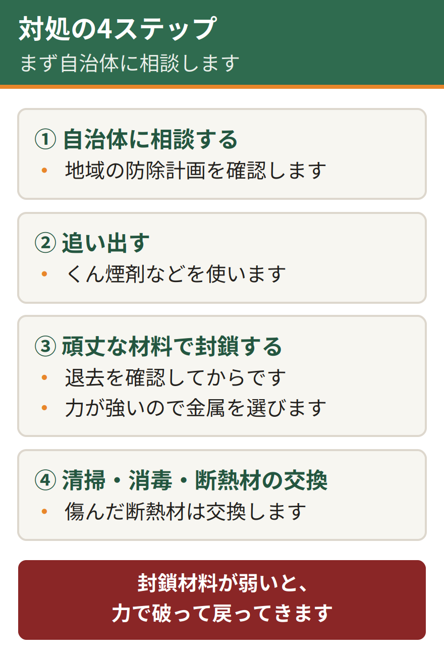 アライグマの屋根裏被害への対処4ステップ。自治体に相談して地域の防除計画を確認する、くん煙剤などで追い出す、退去を確認して侵入口を頑丈な材料で封鎖する、糞尿を清掃し消毒して傷んだ断熱材を交換する。力が強いため封鎖材料は特に頑丈なものを選ぶ