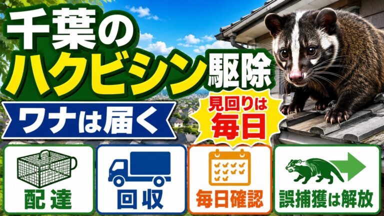 千葉のハクビシン駆除｜ワナは届くが見回りは毎日という条件｜配達・回収・毎日確認・誤捕獲は解放の4条件を示したイラスト