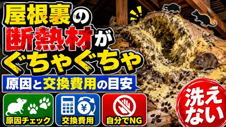屋根裏の断熱材がぐちゃぐちゃ｜原因と交換費用の目安｜荒らされて穴が掘られた断熱材とネズミ、糞が散らばる屋根裏