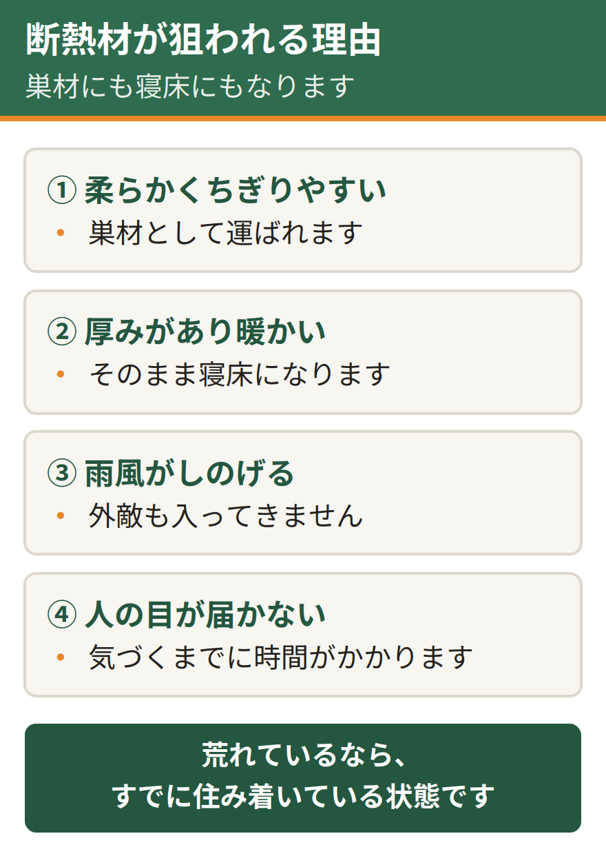 屋根裏の断熱材が狙われる4つの理由。柔らかくちぎりやすい、厚みがあり暖かい、雨風がしのげる、人の目が届かない