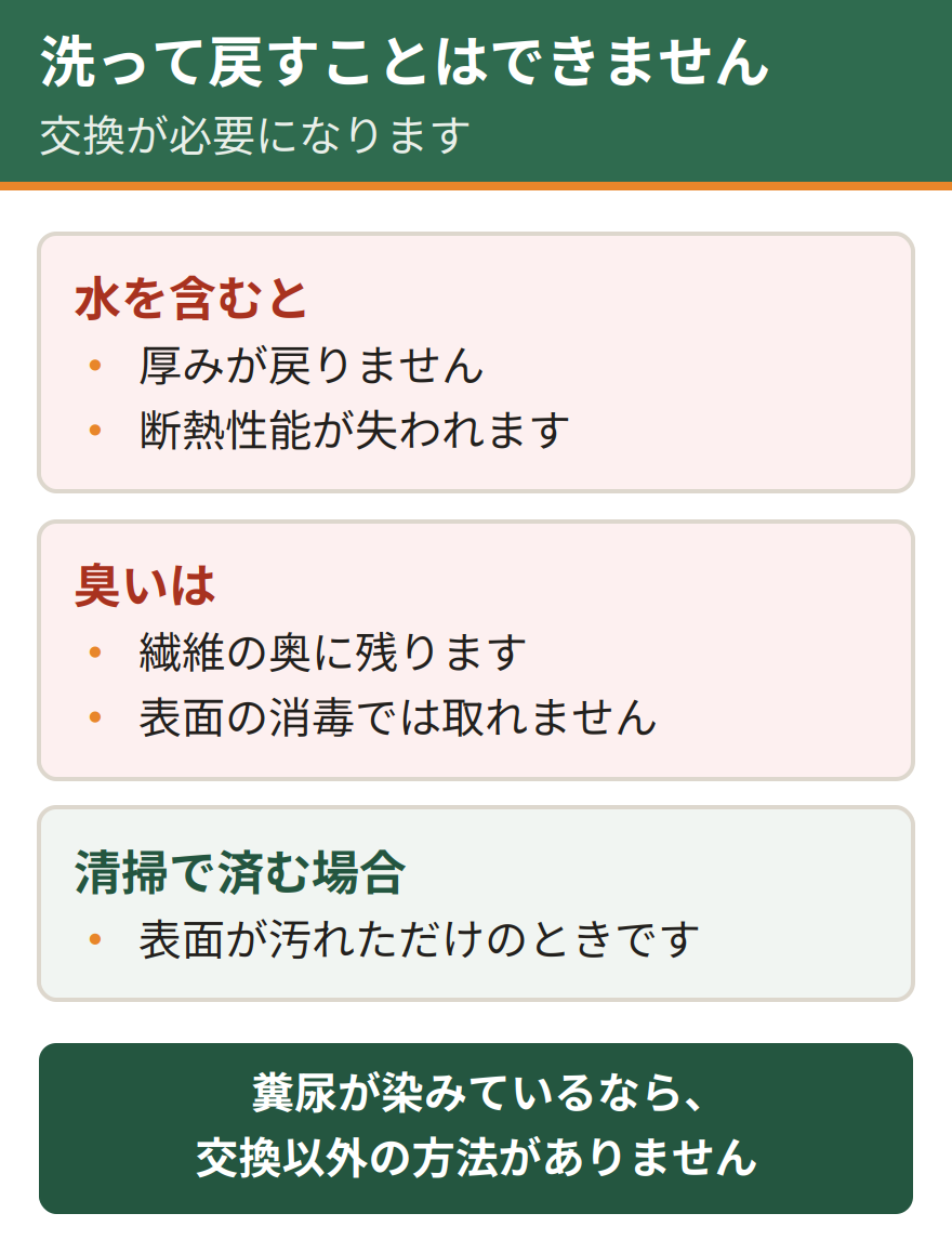 断熱材を洗って再利用できない理由。水を含むと厚みが戻らず断熱性能が失われる。臭いは繊維の奥に残るため表面の消毒では取れない。表面が汚れただけなら清掃で済むが、糞尿が染みていれば交換が必要になる