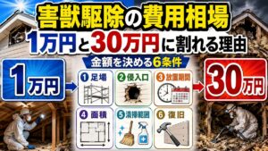 害獣駆除の費用相場｜1万円と30万円に割れる6つの条件｜足場・侵入口・放置期間・面積・清掃範囲・復旧を示したイラスト