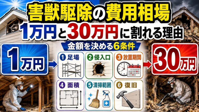 害獣駆除の費用相場｜1万円と30万円に割れる6つの条件｜足場・侵入口・放置期間・面積・清掃範囲・復旧を示したイラスト