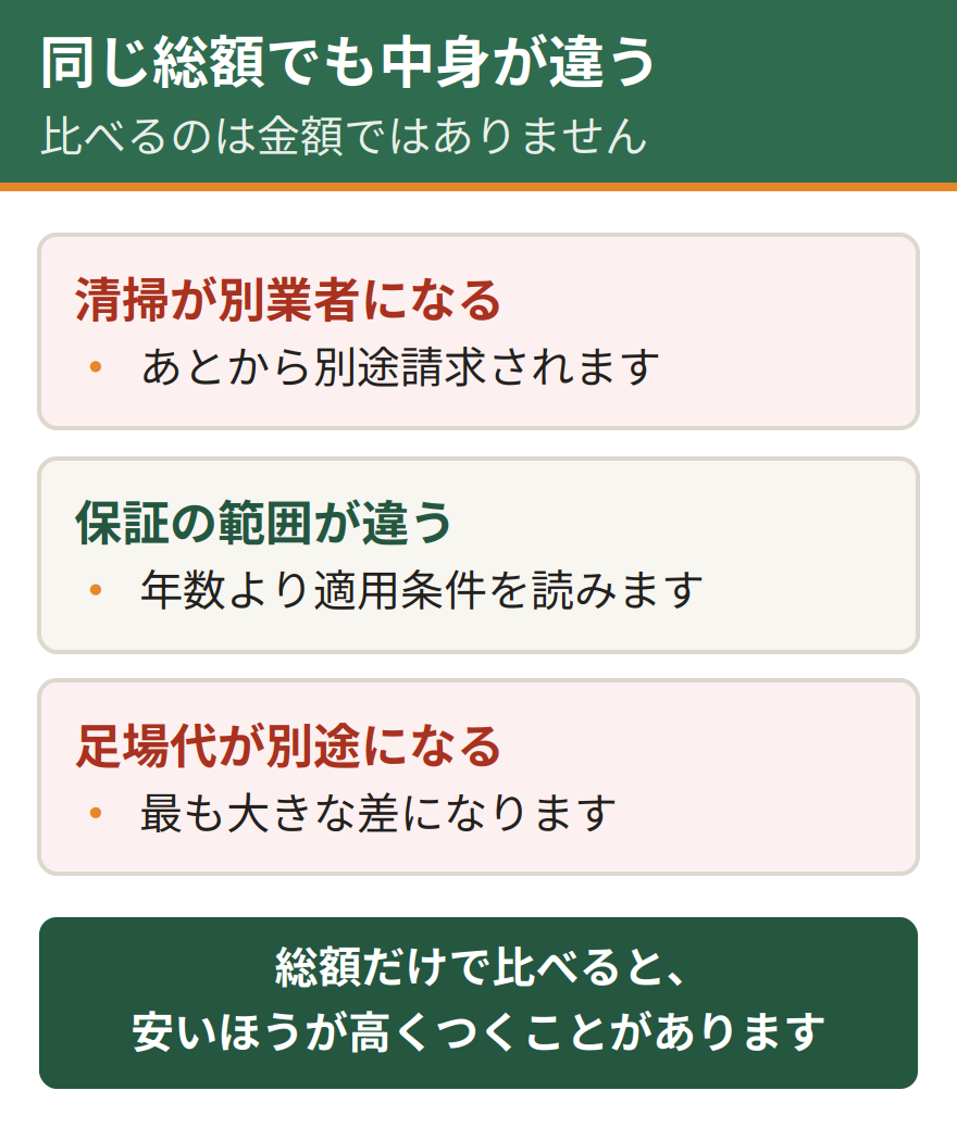 総額が同じでも含まれる作業は違う。同じ15万円の見積でも、清掃が別業者になる場合、保証の範囲が違う場合、足場代が別途になる場合がある
