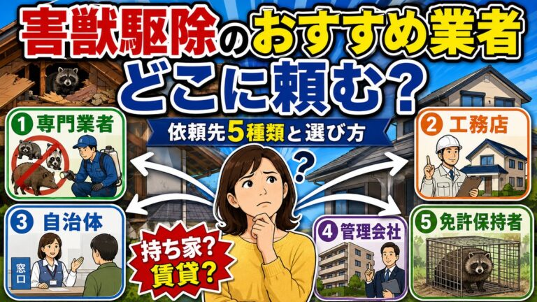 害獣駆除のおすすめ業者はどこ？依頼先5種類と選び方の基準｜専門業者・工務店・自治体・管理会社・免許保持者の5つの依頼先を示したイラスト