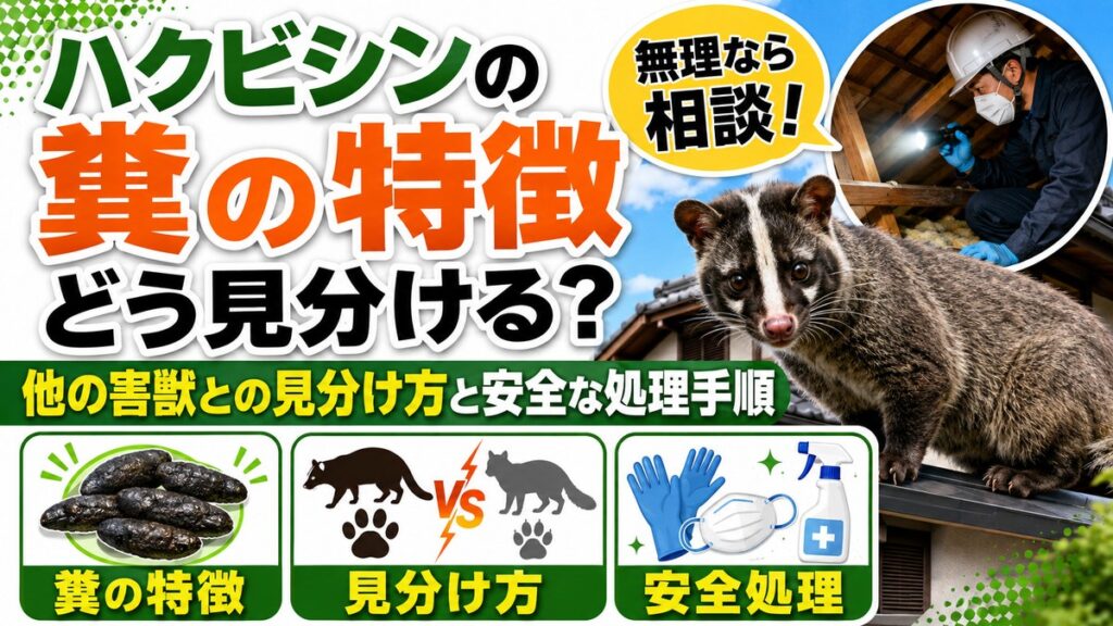 ハクビシンの糞の特徴｜他の害獣との見分け方と安全な処理手順｜屋根の上のハクビシンと屋根裏を調査する作業員、糞と防護具のイメージ