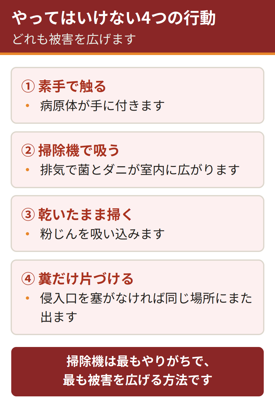 ハクビシンの糞の処理でやってはいけない4つの行動。素手で触ると病原体が手に付着する、掃除機で吸うと排気で菌やダニが室内に拡散する、乾いたまま掃くと粉じんを吸い込む、糞だけ片づけて侵入口をふさがないと同じ場所にまた排泄される