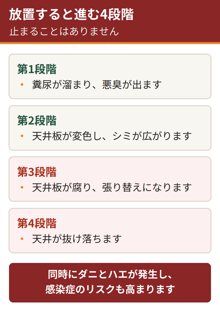 ため糞を放置したときの被害の進行。第1段階は屋根裏に糞尿が溜まり悪臭が出る、第2段階は天井板が変色してシミが広がる、第3段階は天井板が腐り張り替えが必要になる、第4段階は天井が抜け落ちる。同時にダニやハエが発生し感染症のリスクも高まる