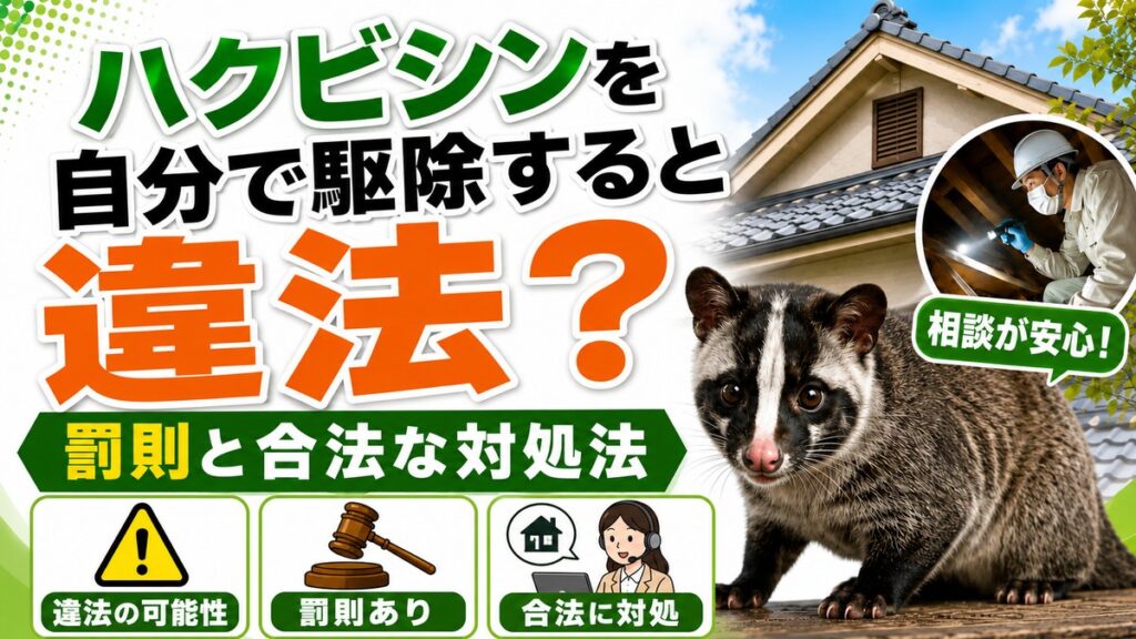ハクビシンを自分で駆除すると違法？罰則と合法な対処法｜屋根裏を調査する作業員とハクビシン、違法の可能性と罰則を示すアイコン