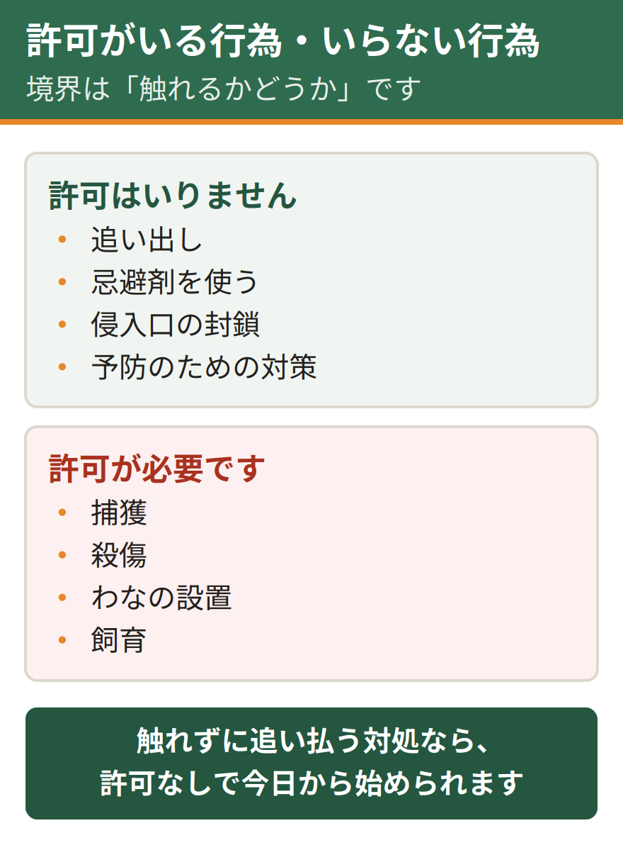 ハクビシンへの対処で許可が不要な行為と許可が必要な行為の一覧。追い出し、忌避剤の使用、侵入口の封鎖、予防は許可が不要。捕獲、殺傷、わなの設置、飼育は許可が必要になる