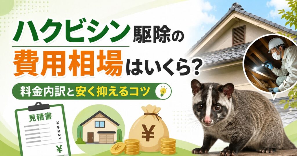 ハクビシン駆除の費用相場はいくら?料金内訳と安く抑えるコツ｜屋根裏を調査する作業員とハクビシン、見積書と費用のイメージ