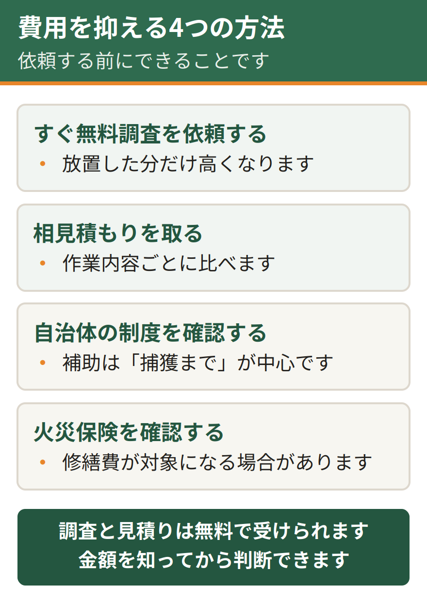 ハクビシン駆除の費用を安く抑える4つの方法。被害に気づいたらすぐ無料調査を依頼する、複数業者で相見積もりを取る、自治体の補助金や助成金を確認する、火災保険が使えるケースを確認する