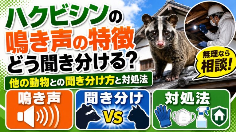 ハクビシンの鳴き声の特徴｜他の動物との聞き分け方と対処法｜屋根の上のハクビシンと屋根裏を調査する作業員、鳴き声と聞き分けのイメージ