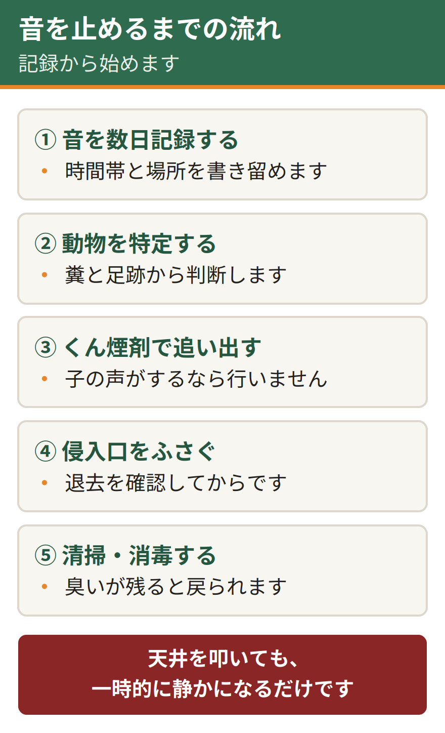 鳴き声を止めるまでの流れ。まず音の時間帯と場所を数日記録する、次に糞や足跡から動物を特定する、続いてくん煙剤で追い出す、退去を確認してからすべての侵入口をふさぐ、最後に糞尿を清掃して消毒する。天井を叩いても一時的に静かになるだけで解決しない