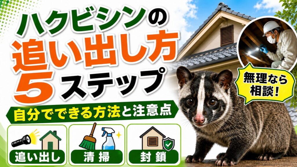 ハクビシンの追い出し方5ステップ｜自分でできる方法と注意点｜屋根の上のハクビシンと屋根裏を調査する作業員、追い出し・清掃・封鎖のイメージ