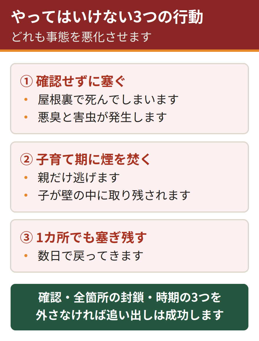 ハクビシンの追い出しでやってはいけない3つの行動。出ていったか確認せずに侵入口を塞ぐと屋根裏で死んで悪臭と害虫が発生する。子どもがいる時期にくん煙剤を使うと親だけ逃げて子どもが壁の中に取り残される。侵入口を1カ所でも塞ぎ残すと数日で戻ってくる