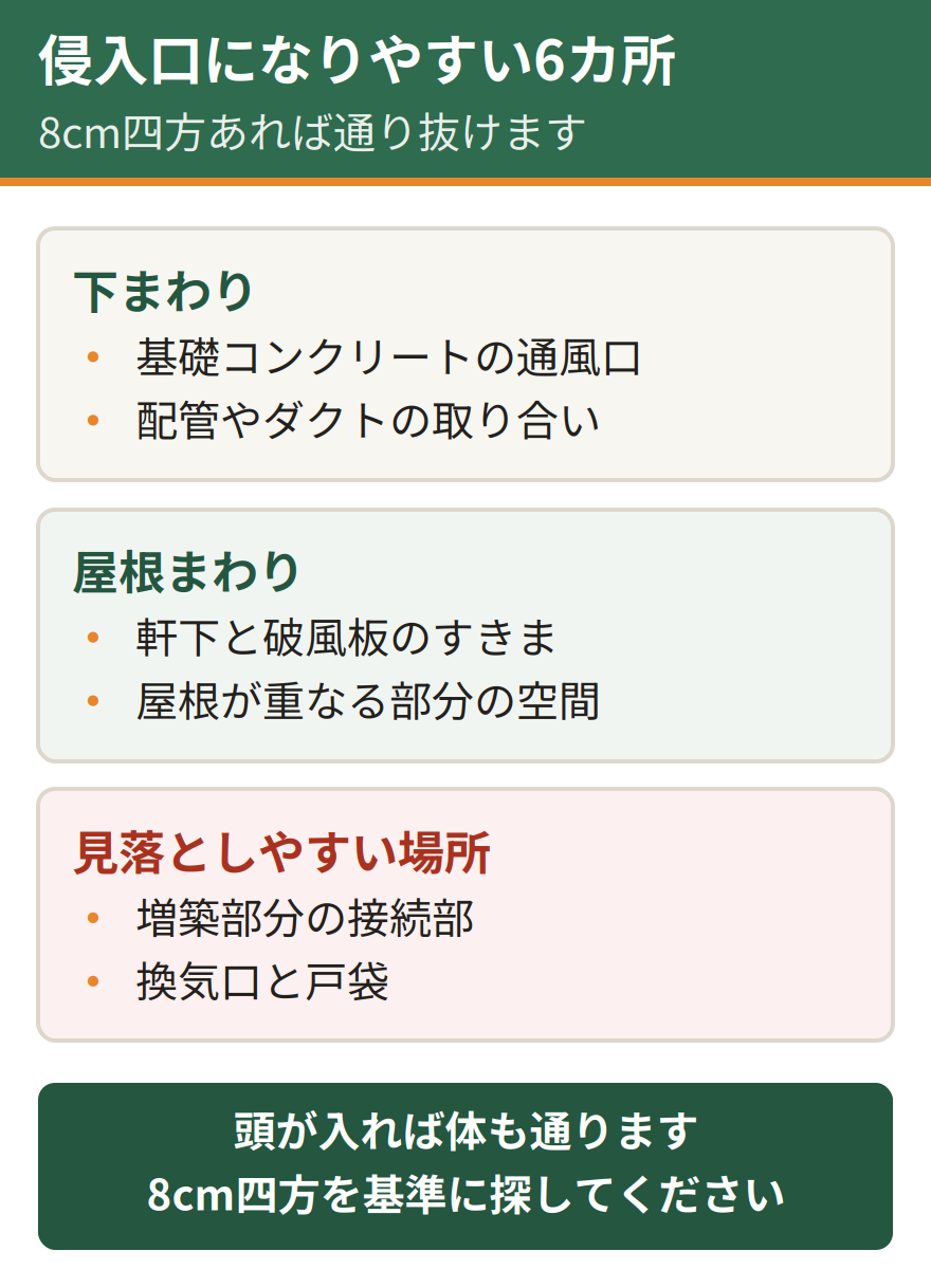 ハクビシンの侵入口になりやすい6カ所。基礎コンクリートの通風口、軒下と破風板のすきま、屋根が重なる部分の空間、増築部分の接続部、換気口と戸袋、配管やダクトの取り合い。頭が入る8センチ四方ほどの隙間があれば侵入する