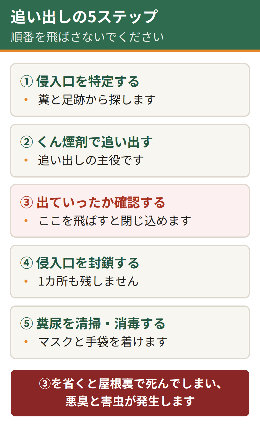 ハクビシンを追い出す5つのステップ。侵入口を特定する、くん煙剤で追い出す、完全に出ていったか確認する、侵入口を封鎖する、糞尿の清掃と消毒を行う。ステップ3を飛ばして封鎖すると閉じ込め事故になる