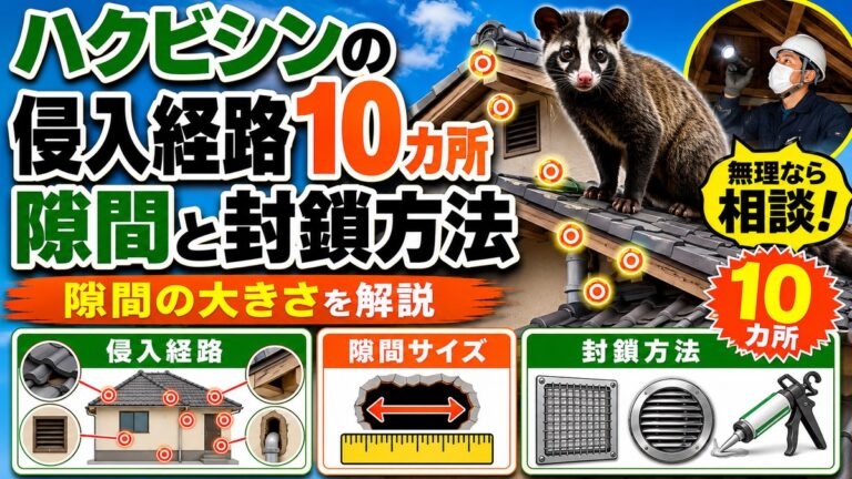 ハクビシンの侵入経路10カ所｜隙間の大きさと封鎖方法を解説｜屋根の上のハクビシンと侵入口を示した家屋、隙間サイズと封鎖材料のイメージ