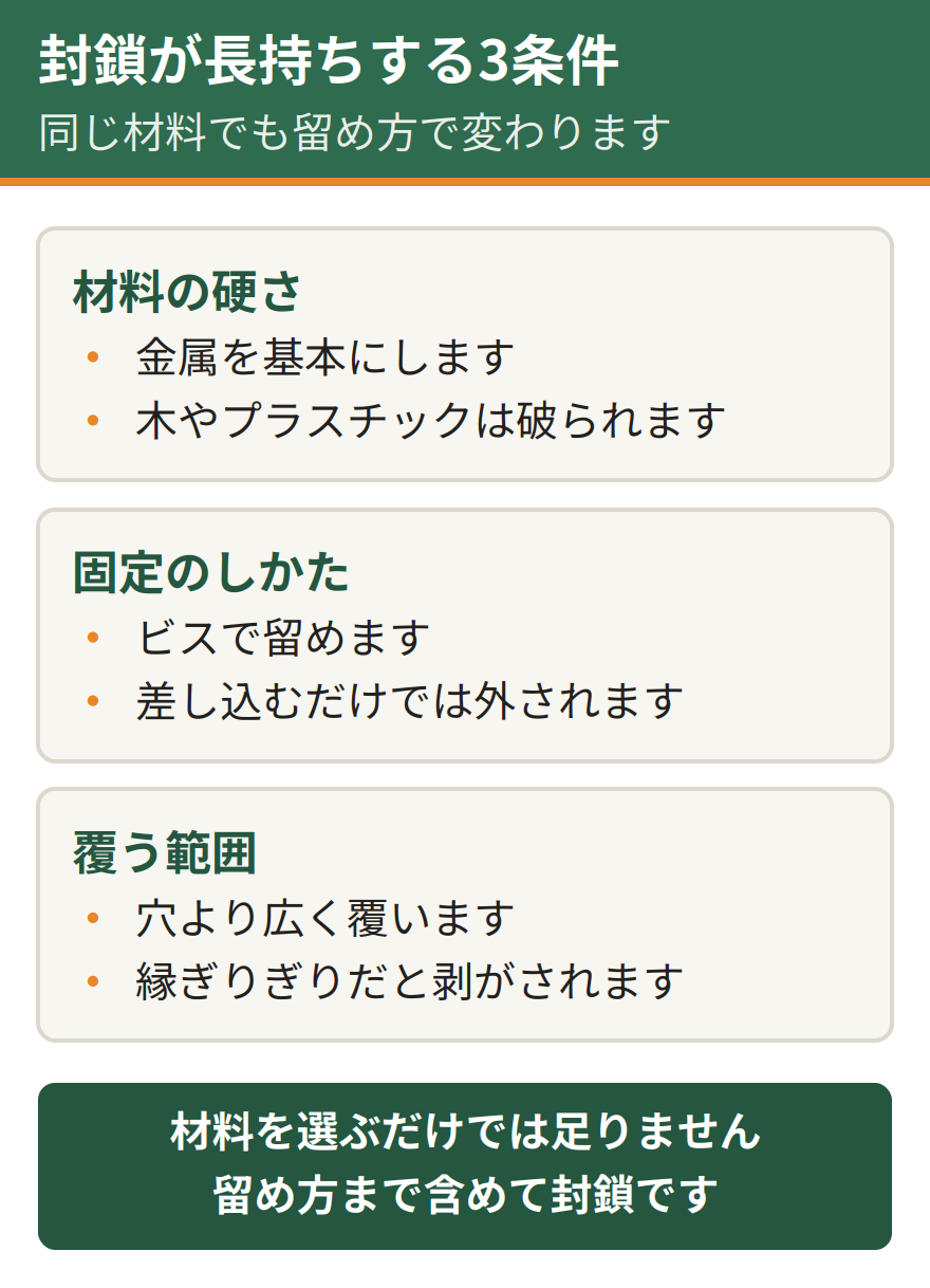 ハクビシンの封鎖が長持ちするかを決める3点。材料の硬さ、固定のしかた、覆う範囲。同じ材料でも留め方によって持ちが変わる