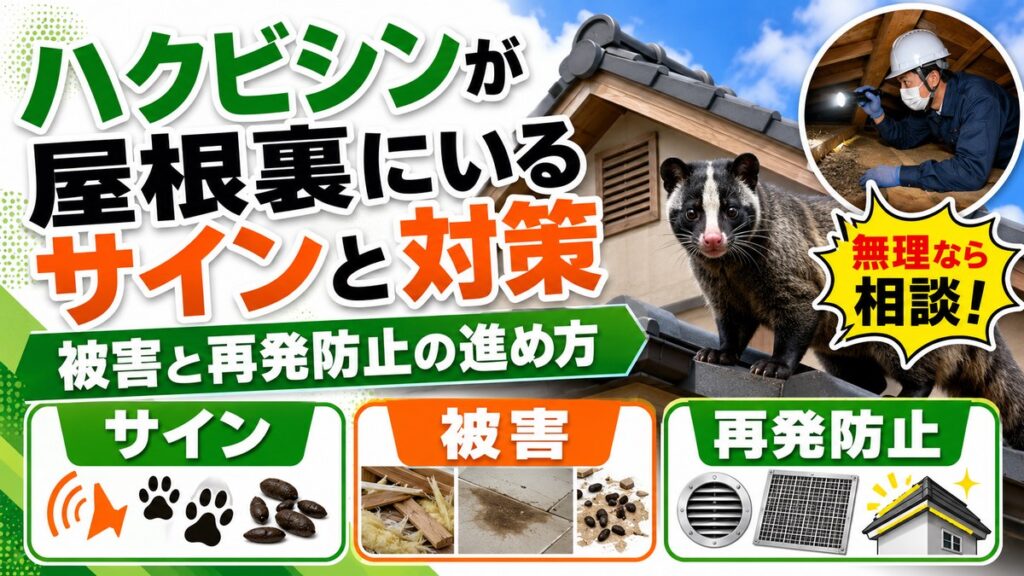 ハクビシンが屋根裏にいるサインと対策｜被害と再発防止の進め方｜屋根の上のハクビシンと屋根裏を点検する作業員、糞や断熱材の被害と換気口の封鎖イメージ