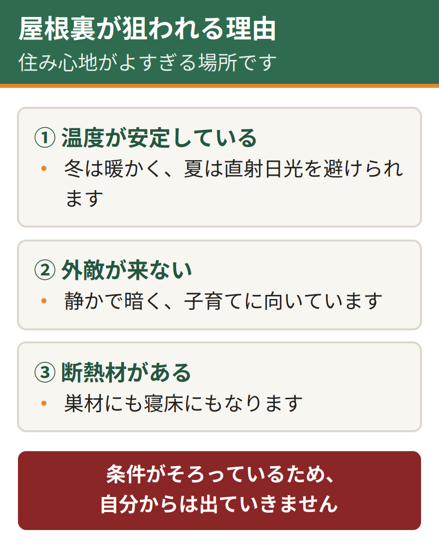 ハクビシンに屋根裏が狙われる3つの理由。温度が安定していて冬は暖かく夏は直射日光を避けられる、外敵が来ず静かで暗いため子育てに適している、断熱材が巣材と寝床になる。一度気に入ると自分からは出ていかない