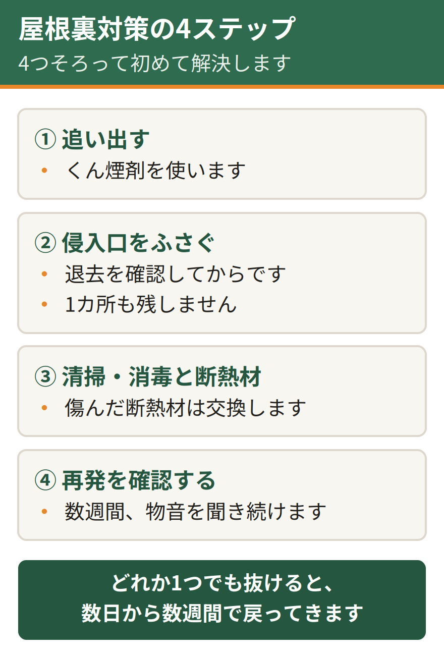 ハクビシンの屋根裏対策4ステップ。くん煙剤で追い出す、退去を確認してからすべての侵入口をふさぐ、糞尿の清掃と消毒を行い傷んだ断熱材を交換する、数週間かけて物音がしないか再発を確認する。この4つをそろえて初めて解決する