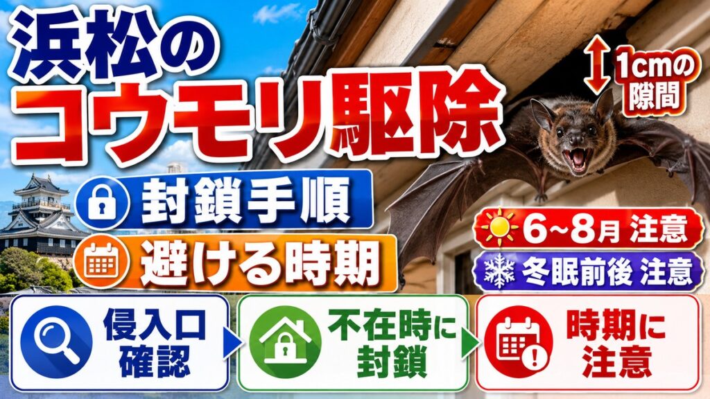 浜松のコウモリ駆除｜市が示す封鎖手順と避けるべき時期｜浜松城を背景に軒下の隙間から飛び出すコウモリ、1cmの隙間と封鎖手順のアイコン