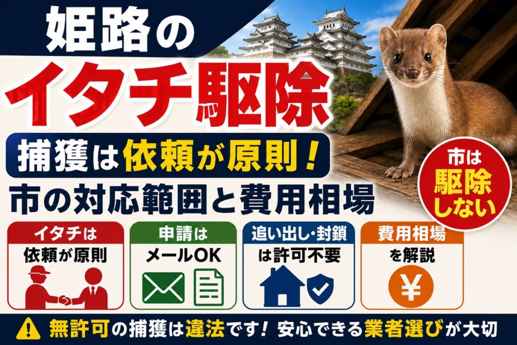 姫路のイタチ駆除｜捕獲は依頼が原則・市の対応範囲と費用相場｜姫路城を背景に屋根裏の梁にいるイタチ、依頼が原則・メール申請可・追い出しは許可不要のアイコン