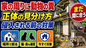 家の周りに動物の糞｜正体の見分け方と侵入される前の対策｜住宅の外壁とベランダ下に落ちた糞、庭にいるタヌキと塀の上の猫