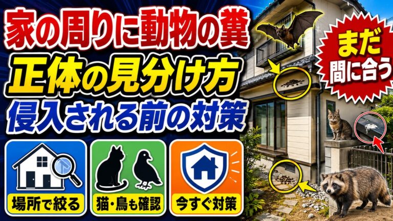 家の周りに動物の糞｜正体の見分け方と侵入される前の対策｜住宅の外壁とベランダ下に落ちた糞、庭にいるタヌキと塀の上の猫