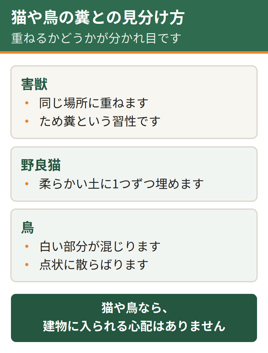 害獣の糞と、猫や鳥の糞の見分け方。害獣は同じ場所に糞を重ねる。猫は柔らかい土に1つずつ埋める。鳥は白い部分が混じり点状に散る