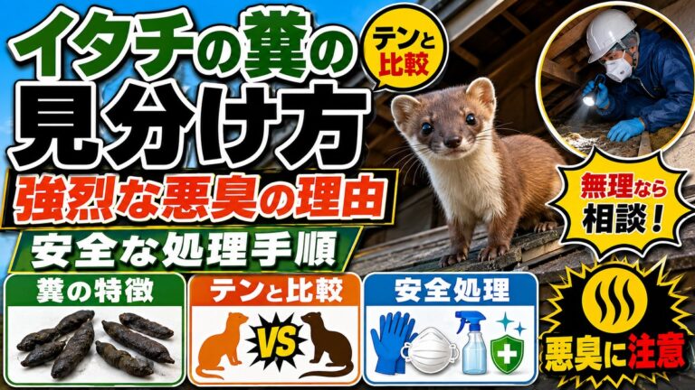 イタチの糞の見分け方｜強烈な悪臭の理由と安全な処理手順｜屋根の上のイタチと屋根裏を調査する作業員、糞とテンとの比較・防護具のイメージ