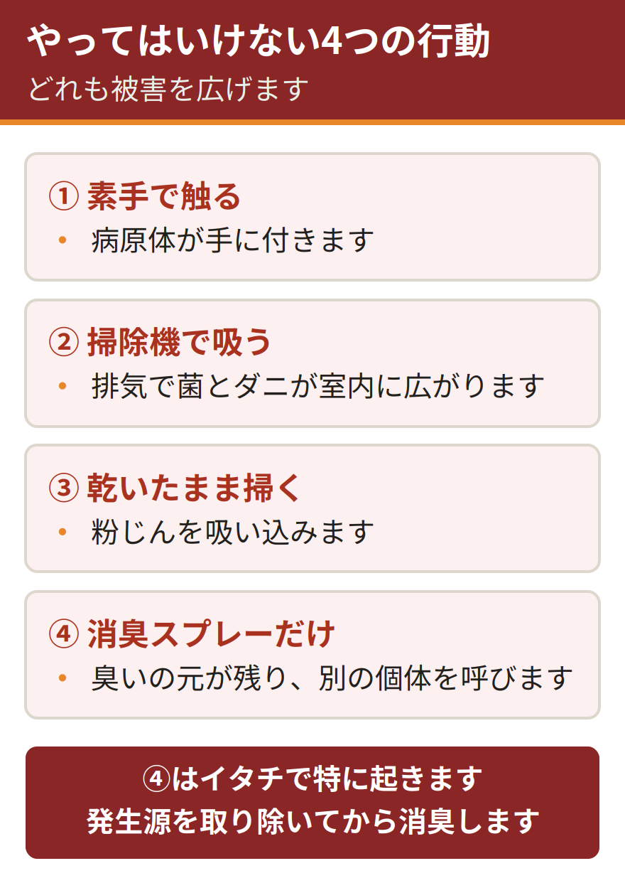 イタチの糞の処理でやってはいけない4つの行動。素手で触ると病原体が手に付着する、掃除機で吸うと排気で菌やダニが室内に拡散する、乾いたまま掃くと粉じんを吸い込む、消臭スプレーだけで済ませると臭いの元が残り別の個体を呼び寄せる