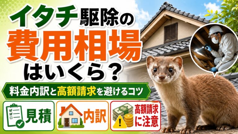 イタチ駆除の費用相場｜料金内訳と高額請求を避けるコツ｜屋根裏を調査する作業員とイタチ、見積書と内訳・高額請求注意のアイコン