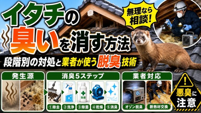 イタチの臭いを消す方法｜段階別の対処と業者が使う脱臭技術｜屋根の上のイタチと屋根裏でオゾン脱臭を行う作業員、消臭5ステップのイメージ