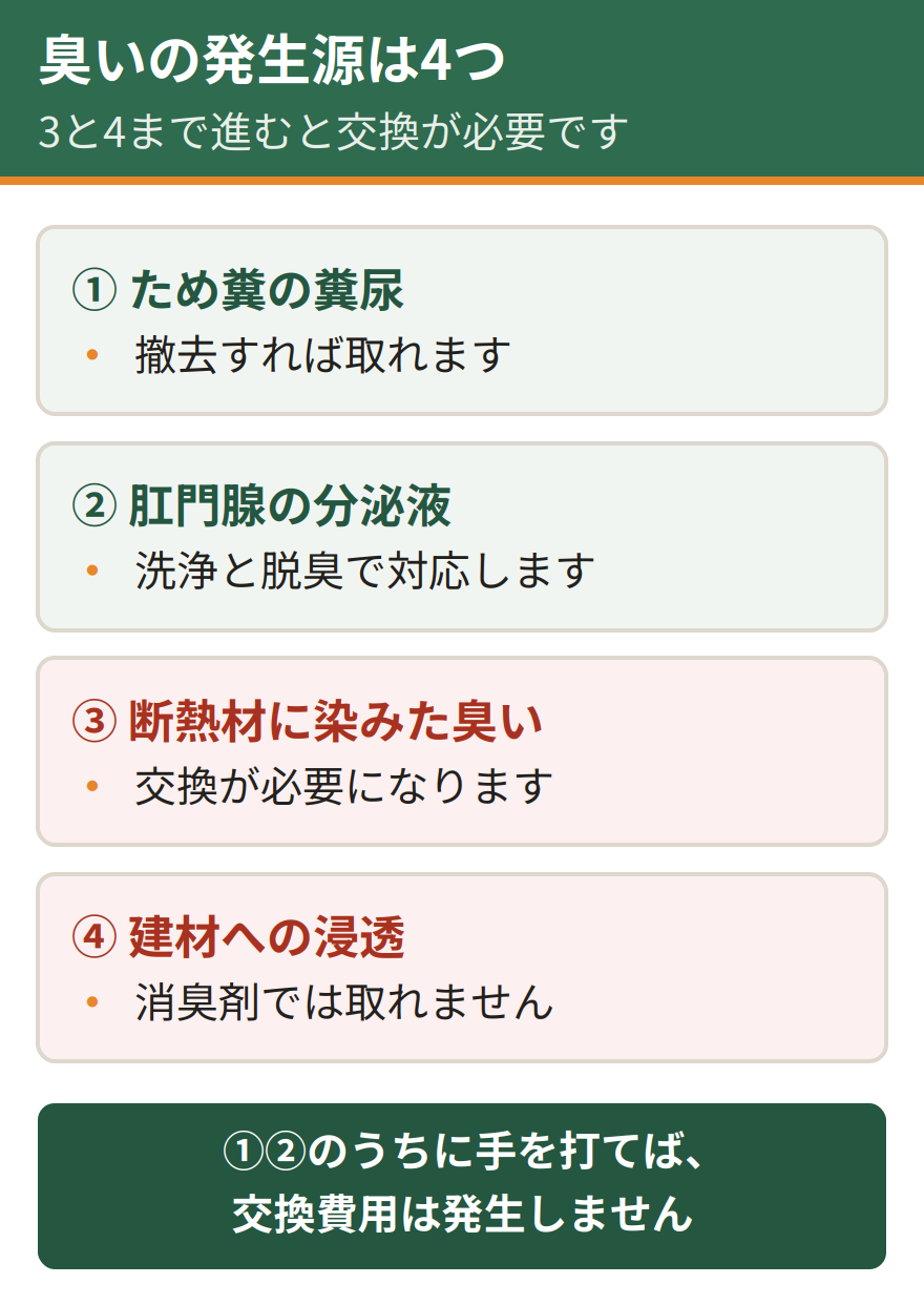 イタチの臭いの発生源は4つ。ため糞による糞尿、肛門腺から出る分泌液、巣材にされた断熱材に染みたもの、建材そのものへ浸透した臭い。3つ目と4つ目まで進むと消臭剤では取れず交換が必要になる
