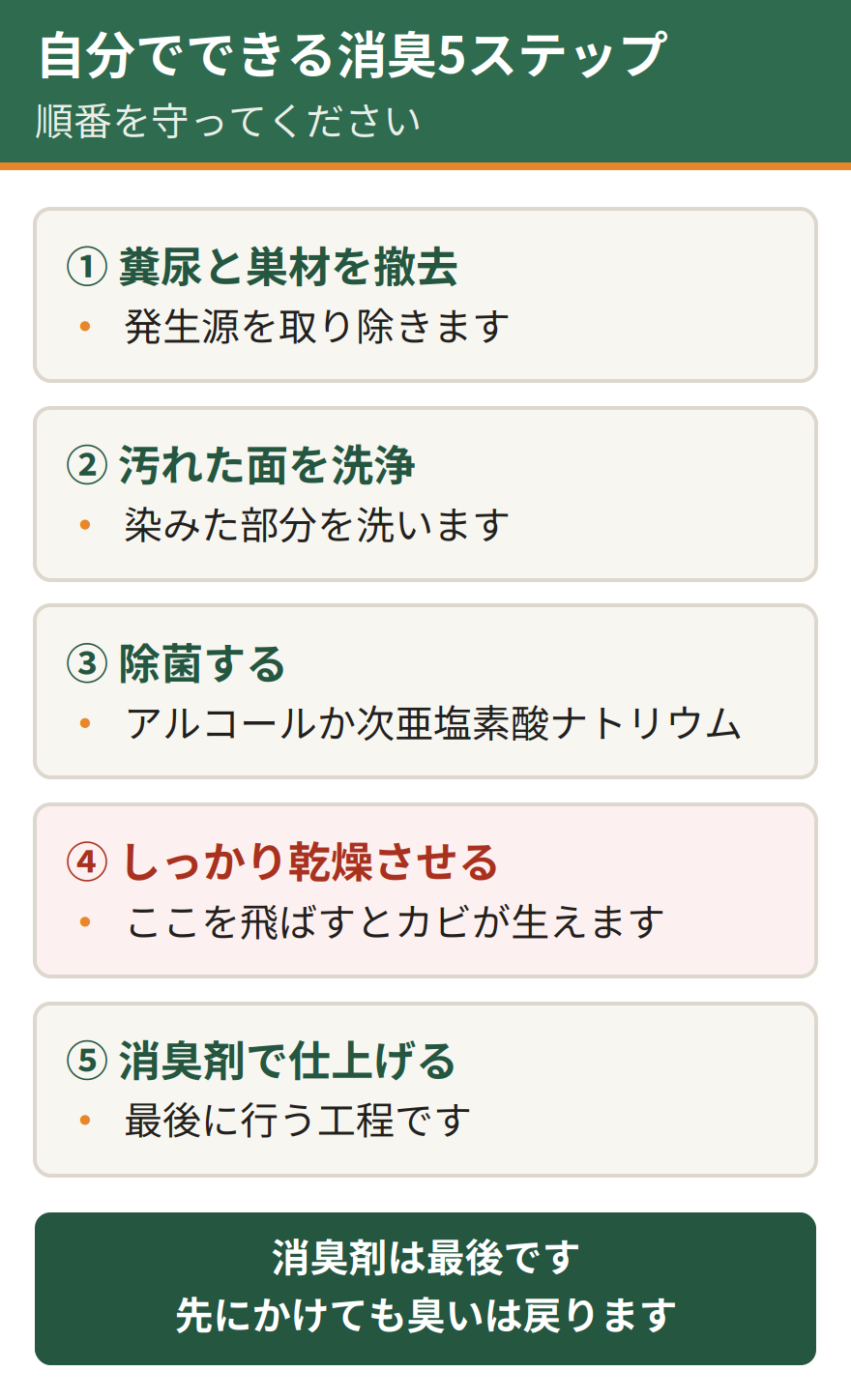 自分でできる消臭の5ステップ。糞尿と巣材を撤去する、汚れた面を洗浄する、アルコールや次亜塩素酸ナトリウムで除菌する、しっかり乾燥させる、消臭剤で仕上げる。乾燥を飛ばすとカビが生えて臭いが戻る