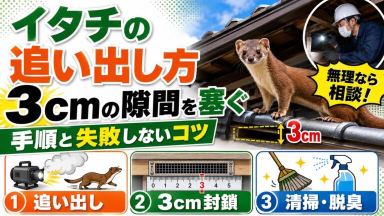 イタチの追い出し方｜3cmの隙間を塞ぐ手順と失敗しないコツ｜雨どいの上のイタチと屋根裏を調査する作業員、3センチの隙間と封鎖・清掃のイメージ