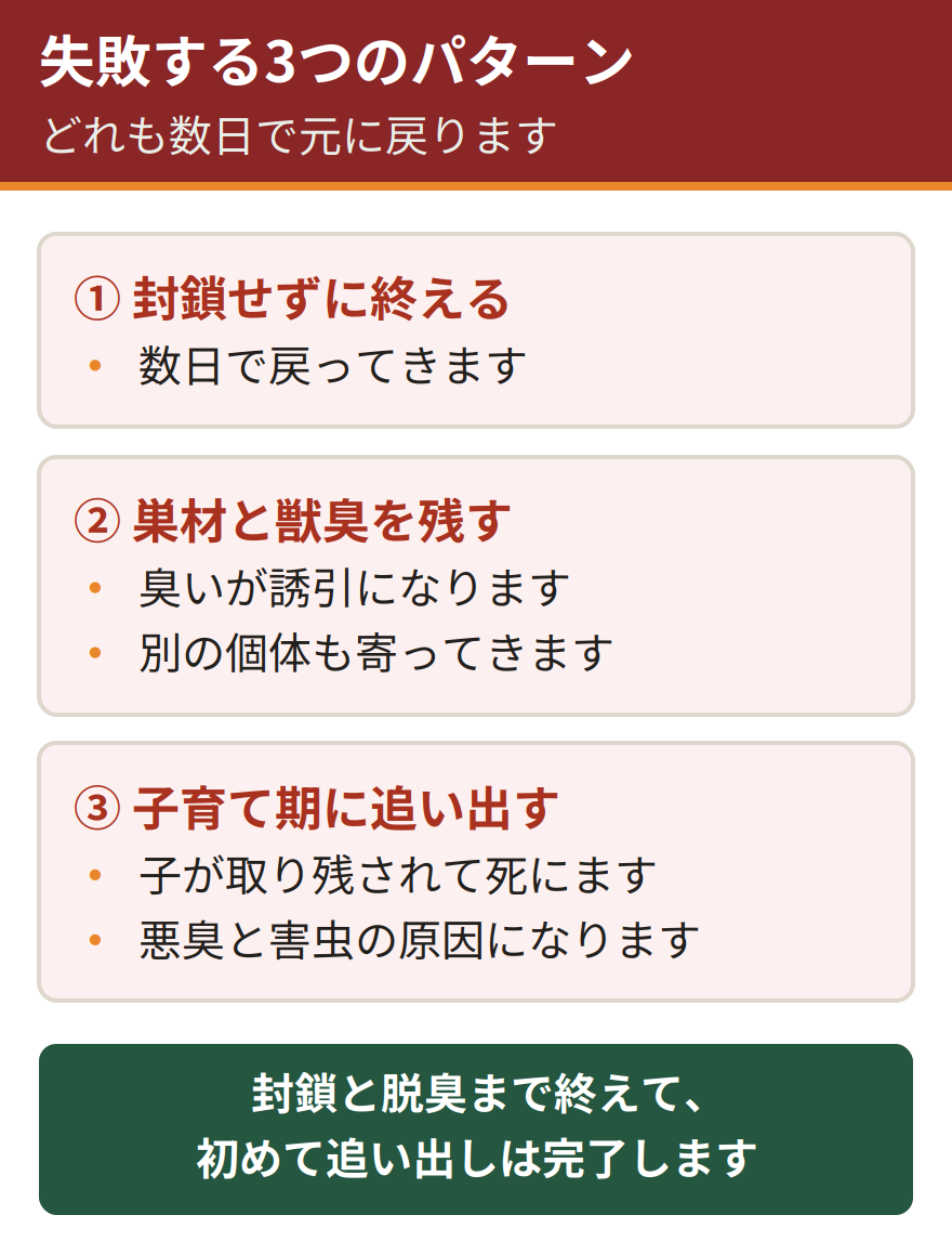 イタチの追い出しで失敗する3つのパターン。追い出しだけで終えて封鎖しないと数日で戻ってくる、巣材と獣臭を残すと肛門腺の強い臭いが誘引となって再び棲みつかれる、子育て期に追い出すと子どもが取り残されて死んでしまう